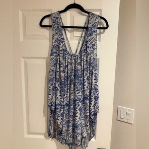 Free People Blue and Cream Patterned Flowy Layered Dress